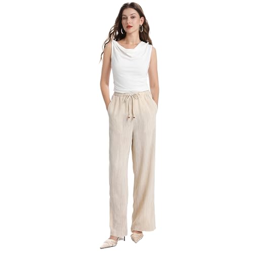 Wide Leg Linen Pants with Drawstring, Casual Palazzo Style, Beige and Black2