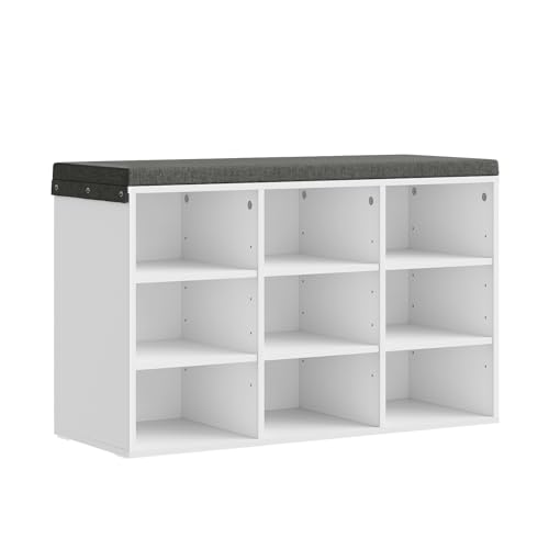 WOLTU Schuhbank weiß, Schuhregal mit Sitzbank 9 Fächern, Garderobenbank für Schuhaufbewahrung, für Eingangsbereich Flur, aus Holzwerkstoff mit Furnier, 76,8x30x48,5 cm