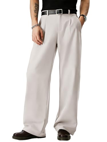JMIERR Mens Casual Baggy Dress Pants Lightweight Pleated Old Money Wide Leg Pants Loose Relaxed Fit Trousers Grey Beige