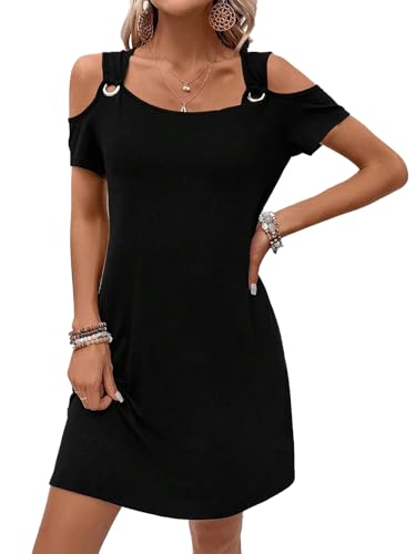 Womens Summer Dress Cold Shoulder Scoop Neck Short Sleeve Spaghetti Strap with O Ring Fashion Sundress with Pockets