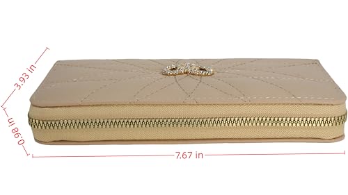 Women's Quilted Wallet with Crystal Bow, Detachable Wristband, Large Capacity Handbag, Phone Bag, Apricot, 7.67 x 3.93 inches3
