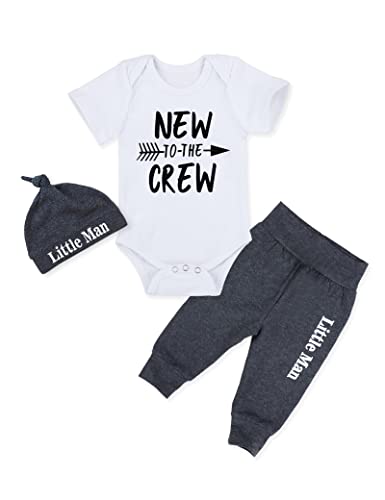 Image of Fommy Newborn Baby Boy Clothes New to The Crew Letter Print Romper+ Pants+Hat 3PCS Outfit