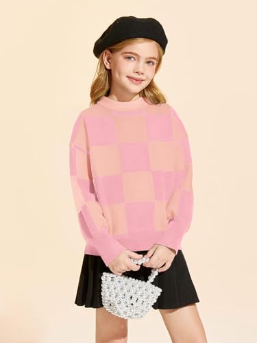 Image of Girls Sweaters Kids Fashion Plaid Mock Neck Pullover Sweater Tops 5-14 Years
