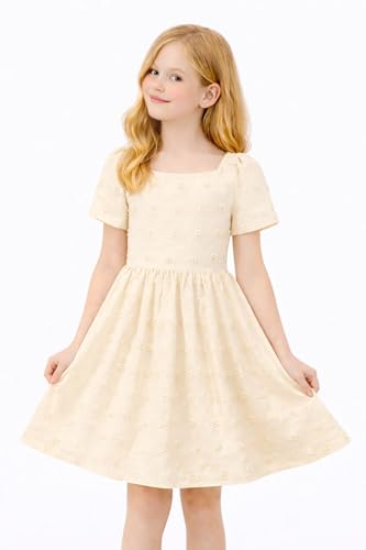 Image of HILEELANG Girls Summer Dress Bow Tie Back A-Line Party Dress for Little Big Girls Short Sleeve Dress with Lining 6-12 Years
