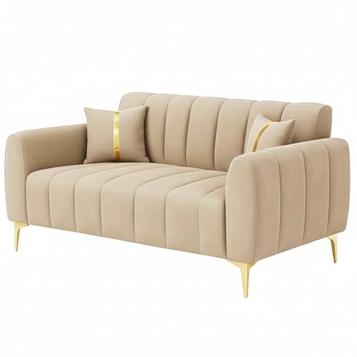 Image of FURNY Harmony 2 Seater Velvet Fabric Sofa Set (Beige) with Golden Finish Legs Durable & Comfortable Ideal for Living Room