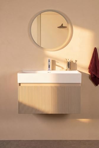 Meuble salle de bain suspendu NIGEL L80 x H50 x P46 cm couleur taupe avec vasque à poser BASS en contreplaqué | vasque en solid surface | 1 tiroir (soft close)| fixations mur plein incluses