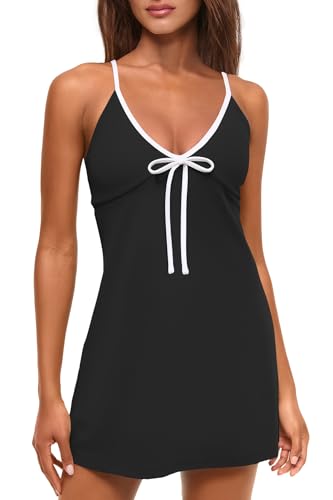 Yanekop Womens Tennis Dress with Built in Shorts Athletic Dresses Golf Outfits Spaghetti Strap V Neck Workout Dress2