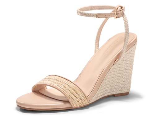 Coutgo Womens Wedges Heels Sandals Espadrilles Raffia Open Toe Ankle Strap Straw Summer Beach Shoes, Khaki, size 7 by Coutgo - Used condition - Image 3
