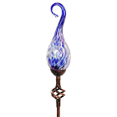 Exhart Garden Solar Lights, Decorative LED Flame Garden Stake, Hand Blown Glass and Metal Outdoor Decoration, Spiral Blue, 3 x 36 Inch