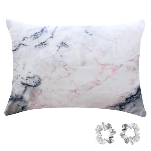 Satin Pillowcase for Hair and Skin by Fenrici, Includes 1 Queen Size Satin Pillow case, 2 Matching Scrunchies, Luxury Beauty Sleep Set, Gray Marble, Queen/Standard, Gift for Her!