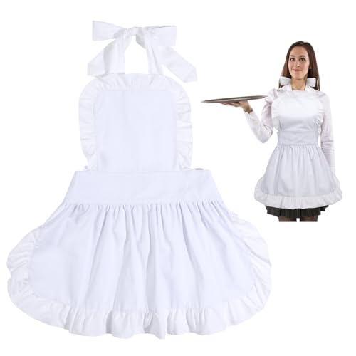 UKCOCO Tablier blanc mignon : tablier en dentelle à volants réglable pour la cuisine restaurant femmes filles serveuse - Tablier de cuisine en coton pour la...