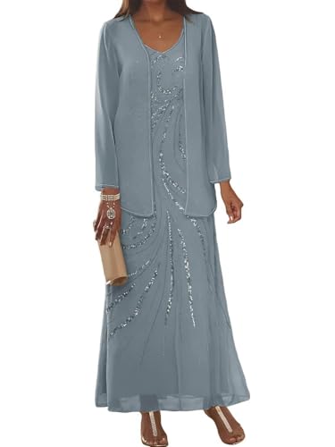Bolodoo Women’s 2 Pieces Mother of The Bride Dresses with Jacket Chiffon Dusty Blue Long Evening Dresses for Formal Party Size 16