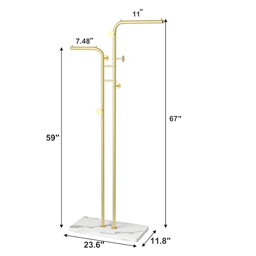 HOMEFORT Coat Rack, Freestanding Metal Coat Racks, Double-pole Clothes Hat Stand with 5 Hooks for Closet, Bedroom, Entryway, Living Room, Gold