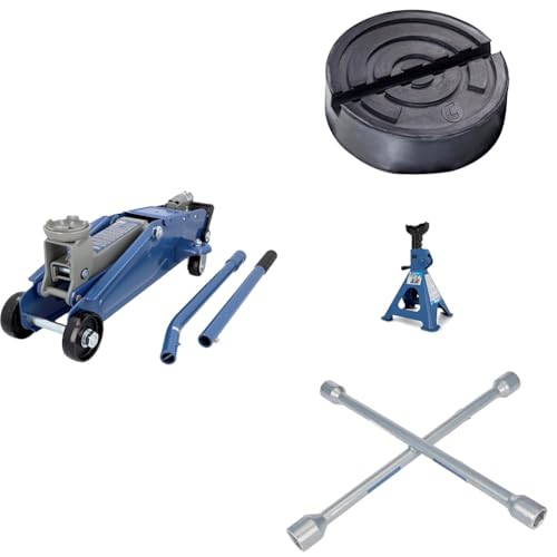 cartrend Werkstatt Reifenwechsel-Set Profi - hydraulischer Wagenheber 2t mit Gummiauflage, Unterstellbock 2t & Kreuzschlüssel