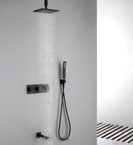 Colonne de douche noire avec pommeau effet pluie et douchette en laiton massif pour salle de bain