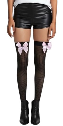 Image of ToBeInStyle Women's Spiderweb & Crawling Spider Print Hosiery Tights & Thigh High Stockings