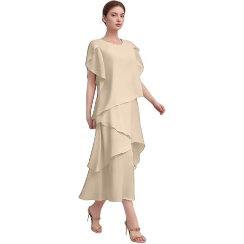 Image of CEWIFO Maxi Dress for Women UK Irregular Fashion Short Sleeve Elegant Long Casual Loose Fit Solid Color Summer Midaxi Party Wear (Beige, M)