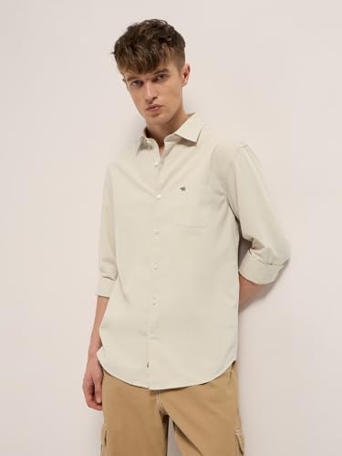 Image of THE BEAR HOUSE Men's Beige Slim Fit Solid Cotton Casual Shirt