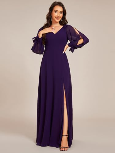 Image of Ever-Pretty Women's Fall Winter Formal Wedding Guest Dress Long Sleeve V Neck Chiffon Floor Length Bridesmaid Dresses 80116