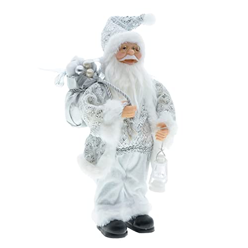 PawwJoy Muñeca de Papá Noel hecha a mano de 12 pulgadas con abrigo blanco plateado y bolsa de regalo, figura de Navidad para decoración de fiesta en casa, oficina, mesa