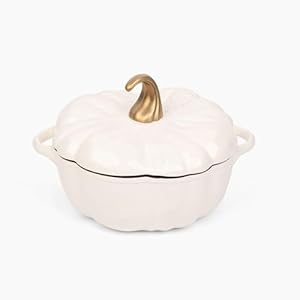 Larder & Vine Enameled Cast Iron Dutch Oven – White Pumpkin Casserole Dish with Lid (3.9 Qt/3.7L)