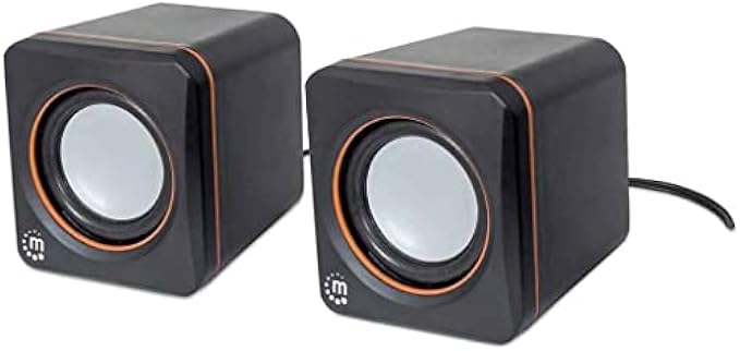 Manhattan USB Powered Stereo Speaker System - Small Size - with Volume Control & 3.5 mm Aux Audio Plug to Connect to Laptop, Notebook, Desktop, Computer - 3 Yr Mfg Warranty - Black Orange, 161435