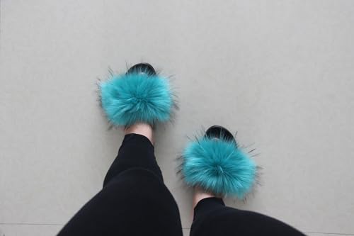 Image of MH Bailment Womens Furry Fluffy Slippers Faux Fur House Slippers Open Toe Fuzzy Slides Soft Flat Slip On Sandals for Indoor Outdoor