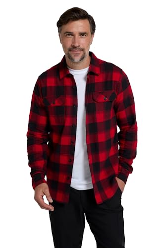 Mountain Warehouse Trace Mens Flannel Long Sleeve Shirt - Lightweight & Breathable Casual Checks Shirt in 100% Cotton with Buttoned Front Pockets - for Travel & Walking Red L
