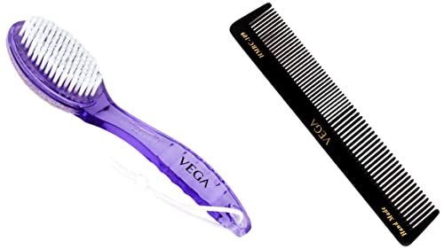 Image of Vega Pumice Stone /Nail Brush with Handle, Color May Vary & Vega Half Coarse and Half Fine General Grooming Comb, Black