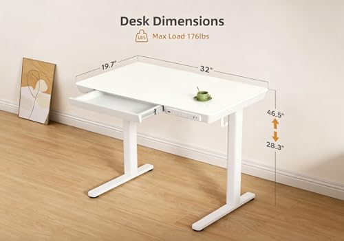 Image of Claiks Small Glass Standing Desk with Drawers & USB Ports 32x19 White