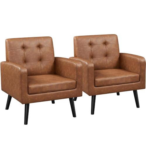 Yaheetech Mid-Century Accent Chairs, PU Leather Modern Upholstered Living Room Chair, Cozy Armchair Button Tufted Back and Wood Legs for Bedroom/Office/Cafe, Retro Brown 2 PCS