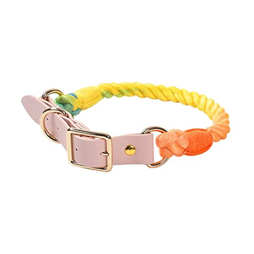Lucky Monet Comfortable Cotton Dog Collar Adjustable Braided Cotton Multi-Color Rope Leash Collar With Durable Hook Clasp M (Rainbow) #TOP26