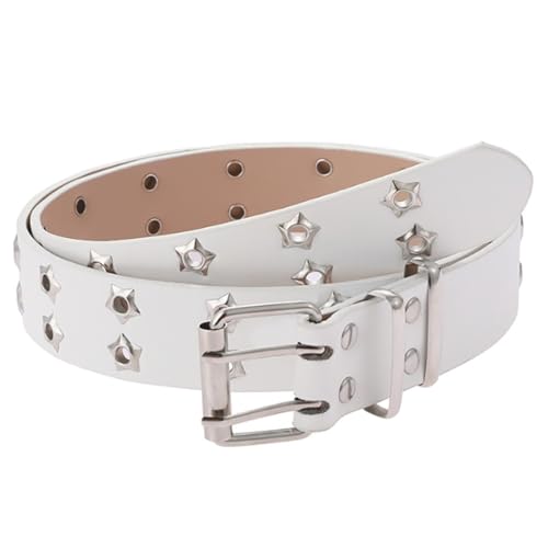 Double Grommet Genuine Leather Belt – Star Studded Punk Style for Jeans or Pants