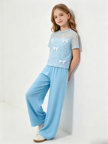 Image of Girls Clothes 2 Piece Short Sleeve Lace Bow Print Tops Flared Pants Set Little Girl Outfits Size 7-14