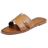 Women's Flat Sandals, Ladies Leather Slippers, Comfy Dressy Slip on Shoes Elegant Slides Summer Fall Spring Cute Open Toe Casual Footwear (Brown, Adult, Women, 10, Numeric, US Footwear Size System, Medium)