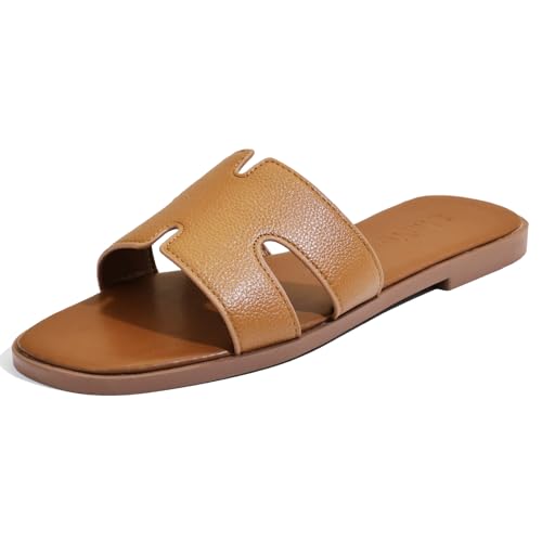 Image of Women's Flat Sandals, Ladies Leather Slippers, Comfy Dressy Slip on Shoes Elegant Slides Summer Fall Spring Cute Open Toe Casual Footwear