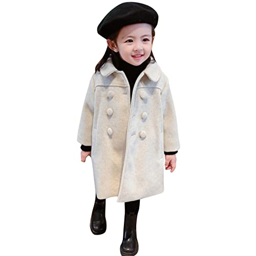 Image of Toddler Kids Baby Girls Boys Solid Coat Elegant Notched Collar Double Breasted Jacket Wool Coat Girls (Beige, 4-5 Years)