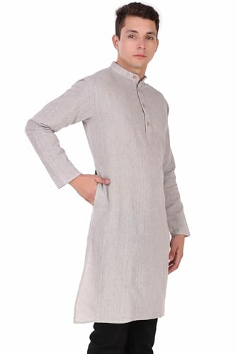 Image of Amazon Brand - Anarva Men's Handloom Cotton Solid Kurta Long Sleeves Straight Knee Length Long Shirt