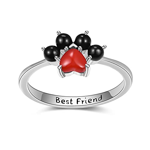TANGPOET Cat Dog Ring Paw Print Ring Pet Paw Rings for Women, Red, Black, Silver, 8