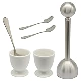 Murtenze 5 Pack Egg Cups Egg Cracker Set, 2 Ceramic Egg Stands, 1 Stainless Steel Egg Cutter, 2 Stainless Steel Spoons for Soft Boiled Eggs