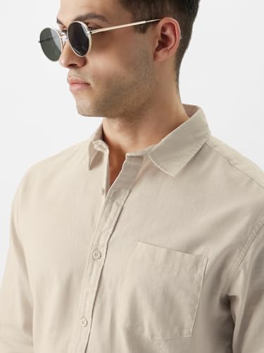 Image of The Souled Store Solid Linen: Beige Color Men and Boys Regular Outdoor Fit Full Sleeve Collared Neck Spread Collar Casual Wear Stylish Comfortable Premium Elegant Cotton Shirts