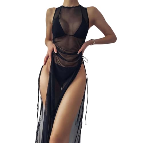 Maillot de bain en maille pour beach club et pool party chic avec jupe fendue 3 pièces
