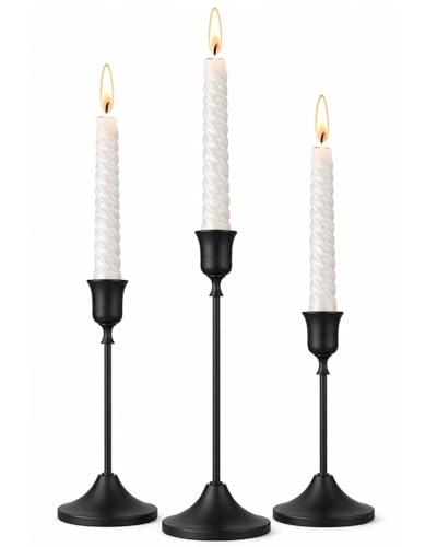 Black Taper Candle Holders Set of 3, Metal Vintage Candlestick Stands for Dining Table Centerpiece, Wedding Decor, Fireplace Mantel, Housewarming Gift