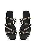 OYOANGLE Women's Studded Strappy Leather Slide Sandals Square Open Toe Slip on Flat Sandal Black 9.5