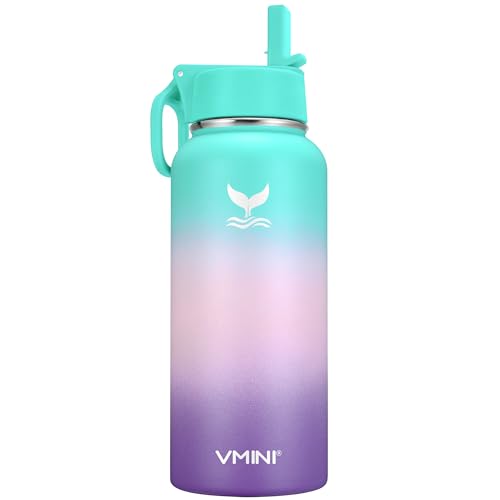 Vmini Water Bottle with New Wide Handle Straw Lid, Wide Mouth Vacuum Insulated 18/8 Stainless Steel, 32 oz, Gradient Mint + Pink + Purple Bottle & Mint Lid