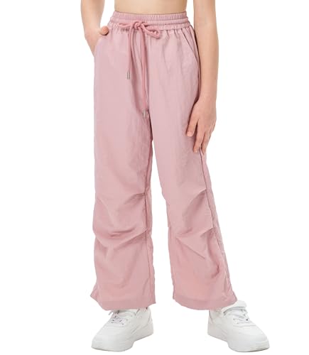 Hvididan Girls Lightweight Cargo Hiking Joggers Parachute Pants Drawstring Waterproof Pants Active Outdoor Casual Trousers with Pockets Pink 7-8
