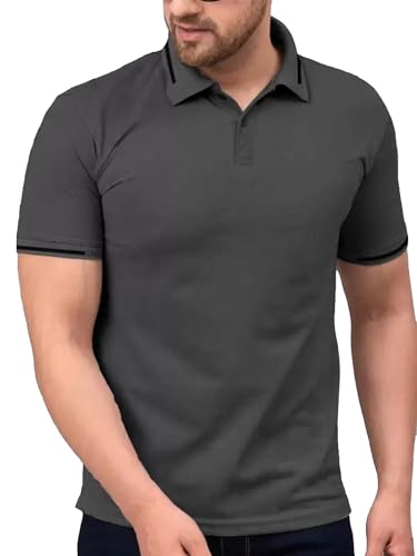 Image of Jump Cuts Mens Pique Polo Neck Half Sleeve Dark Grey Cottonblend Slim Fit T-Shirt