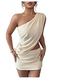 Verdusa Women's 2 Piece Y2k Outfits Ruched One Shoulder Tops with Bodycon Mini Skirt Sexy Going Out Sets Beige Small