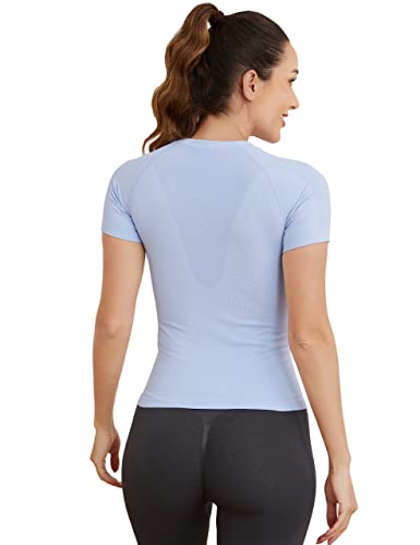 Image of MathCat Short Sleeve Workout Tops for Women, Seamless Women's Compression Shirt, Yoga Running Athletic Shirts Soft Gym Tops