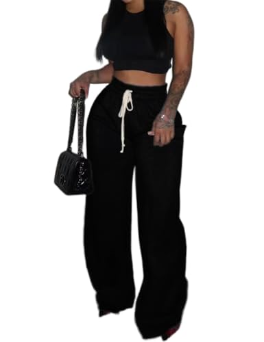 Womens Baggy Wide Leg Sweatpants, Casual Sweatpants with Drawstring